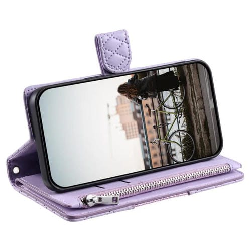 Funda de cuero tipo billetera con cremallera y diseño de celosía brillante para Samsung Galaxy A17 5G (morado)