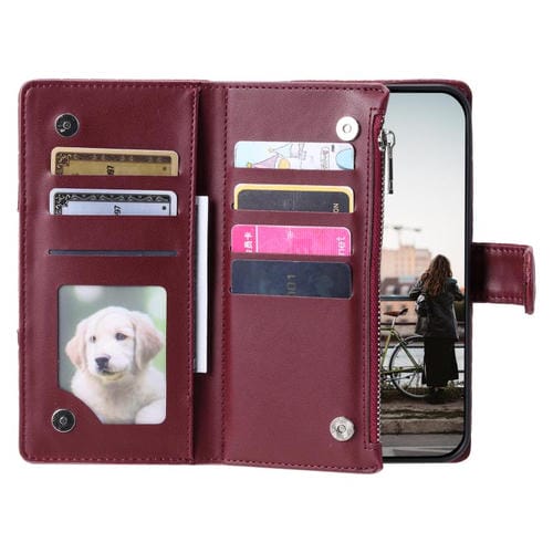 Funda de cuero tipo billetera con cremallera y diseño de celosía brillante para Samsung Galaxy A17 5G (rojo vino)