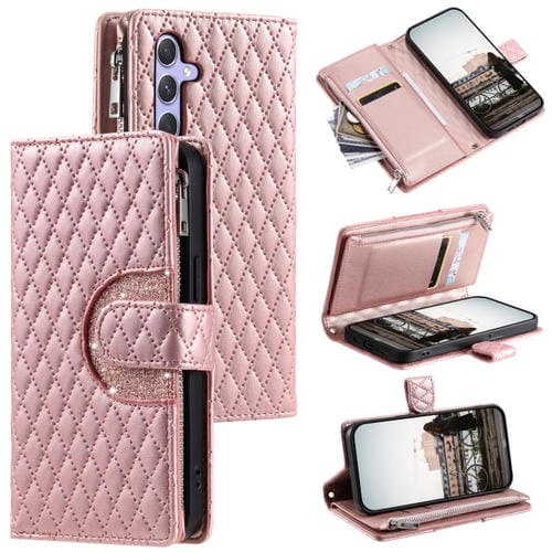 Funda de cuero tipo billetera con cremallera y diseño de celosía brillante para Samsung Galaxy A17 5G (oro rosa)