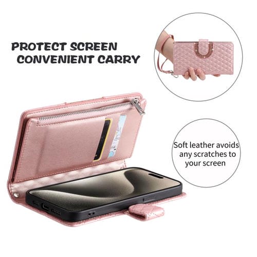 Funda de cuero tipo billetera con cremallera y diseño de celosía brillante para Samsung Galaxy A17 5G (oro rosa)