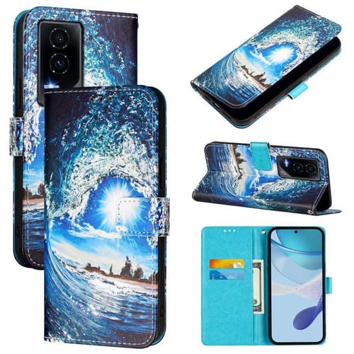 Funda de Cuero Honor GT con Diseño Ondas y Sol para Teléfono (Color Liso)