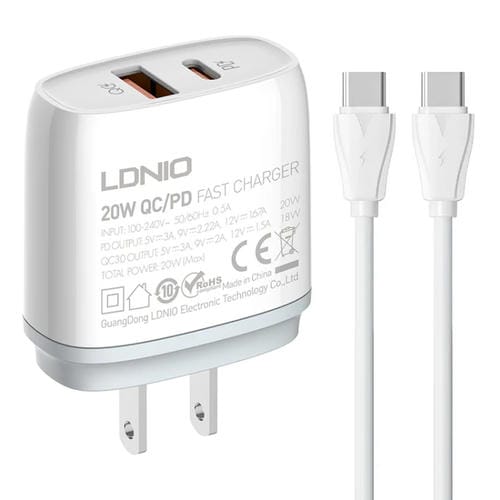 Cargador Rápido Usb + Tipo C Ldnio Q229 Qc3.0 Pd20W con Cable Tipo C a Tipo C 1 m (Blanco)