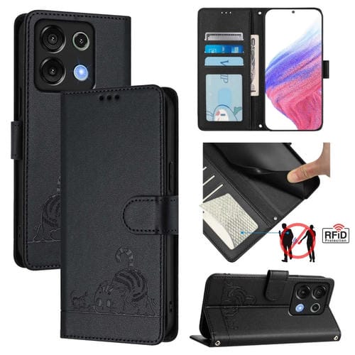 Funda de Cuero Rfid para Umidigi G9 5G con Relieve de Rata y Gato y Cordón (Negro)