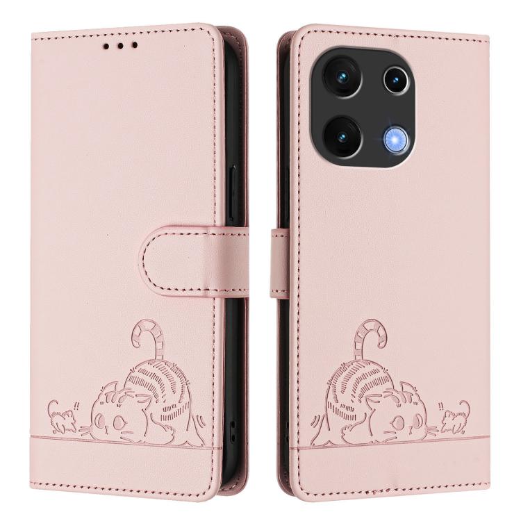 Funda Cuero Rfid Umidigi Note 100 con Relieve Rata y Gato y Cordón (Rosa)
