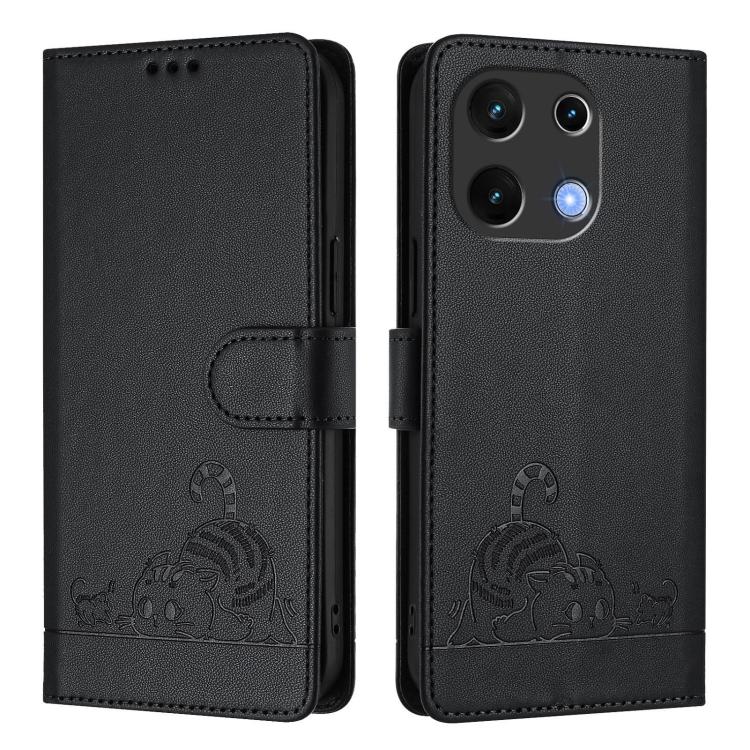Funda de Cuero Rfid para Umidigi Note 100 con Relieve de Rata y Gato y Cordón (Negro)