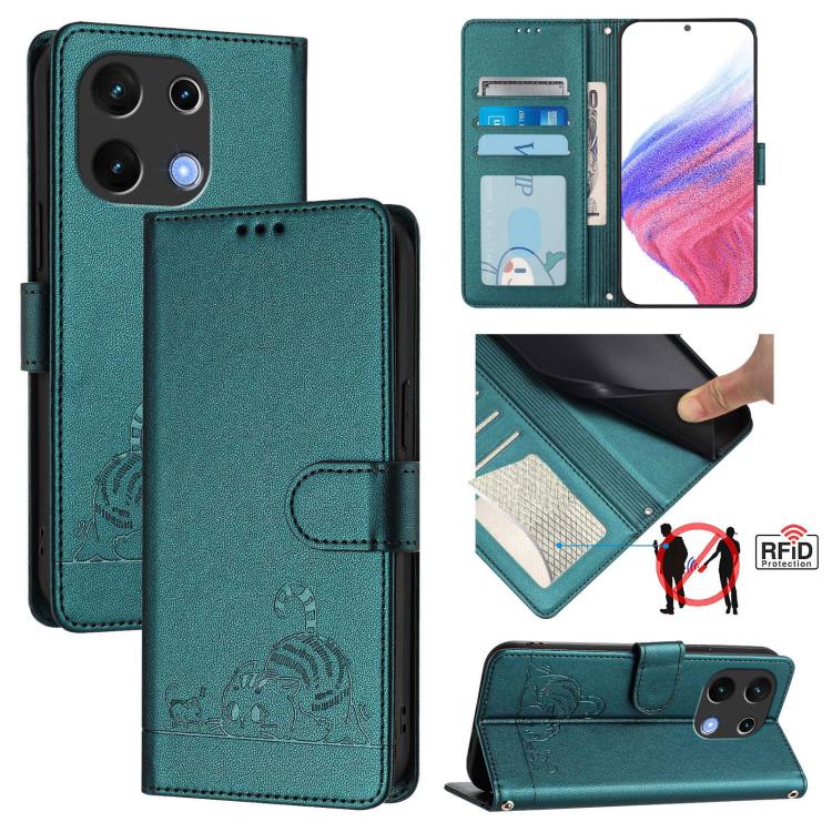 Funda de Cuero Rfid para Umidigi Note 100 con Relieve de Rata y Gato y Cordón (Verde Pavo Real)