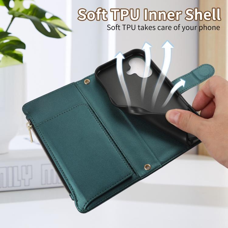 Funda Tipo Billetera Cuero con Cremallera Diseño Rombal para iPhone 16 Plus (Verde)