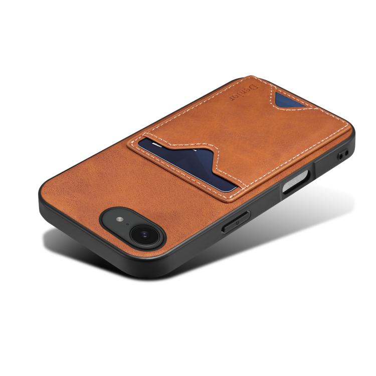 Funda Trasera Denior D06 para iPhone 16E con Ranura para Tarjeta y Soporte (Marrón)