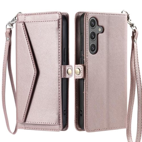 Funda de cuero con ranura para múltiples tarjetas y cordón para Samsung Galaxy A17 5G (oro rosa)