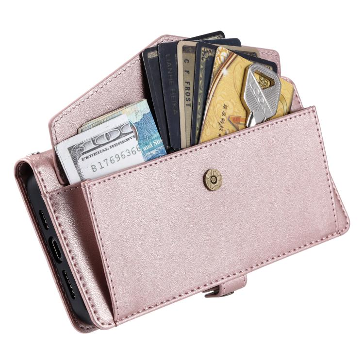 Funda de cuero con ranura para múltiples tarjetas y cordón para Samsung Galaxy S25 FE 5G (oro rosa)