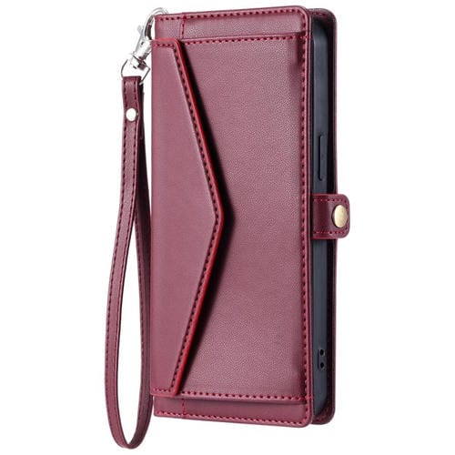 Funda de cuero con ranura para múltiples tarjetas y cordón para Samsung Galaxy S25 FE 5G (rojo vino)
