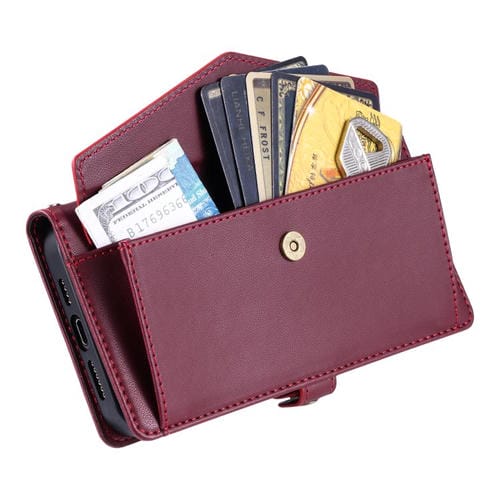 Funda de cuero con ranura para múltiples tarjetas y cordón para Samsung Galaxy S25 FE 5G (rojo vino)