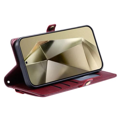Funda de cuero con ranura para múltiples tarjetas y cordón para Samsung Galaxy S25 FE 5G (rojo vino)