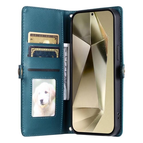 Funda de cuero con ranura para múltiples tarjetas y cordón para Samsung Galaxy S25 FE 5G (verde)