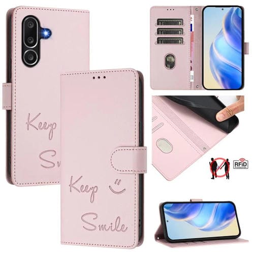 Funda de cuero con relieve RFID para Samsung Galaxy M56 5G (rosa)