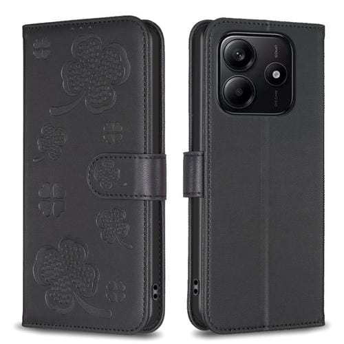 Funda de Cuero con Relieve de Cuatro Hojas para Redmi Note 14 4G (Negra)