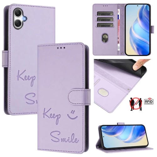 Funda de Cuero Rfid con Relieve Sonriente para Samsung Galaxy A06 5G/4G (Morado Claro)