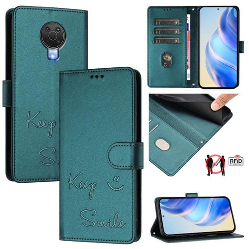 Funda de Cuero Rfid con Relieve Sonriente para Nokia 6.3/G20/G10 (Verde Pavo Real)