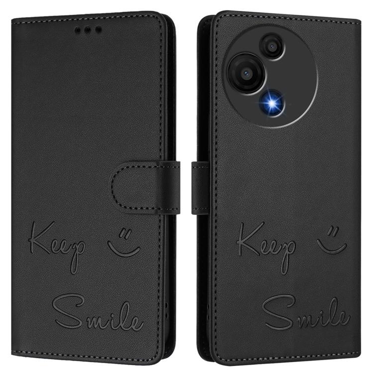 Funda de cuero RFID con relieve sonriente para TCL 605/60 SE (negra)