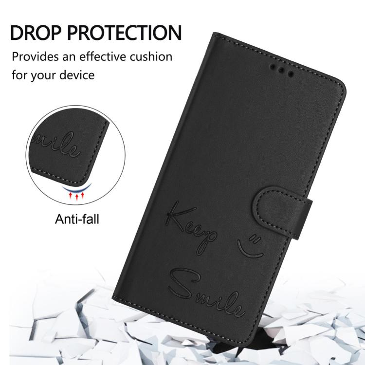Funda de cuero RFID con relieve sonriente para TCL 605/60 SE (negra)