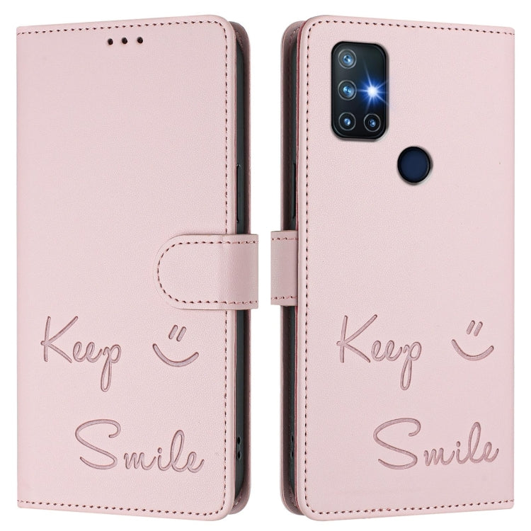 Funda de Cuero Rfid con Relieve Sonriente para OnePlus Nord N10 5G (Rosa)