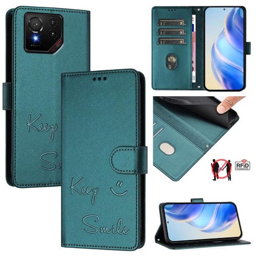 Funda de Cuero Rfid con Relieve Sonriente para Asus Rog Phone 9/9 Pro (Verde Pavo Real)