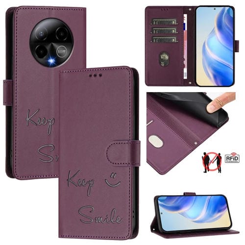 Funda de Cuero RFID con Relieve Sonriente para Blu Bold K50 (Violeta)