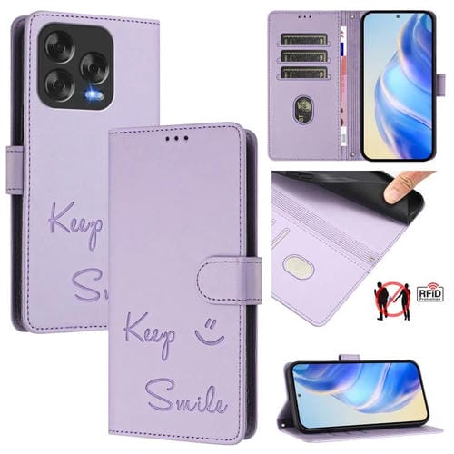 Funda de Cuero Rfid para ZTE Blade V70 con Diseño de Sonrisa en Relieve (Morado Claro)