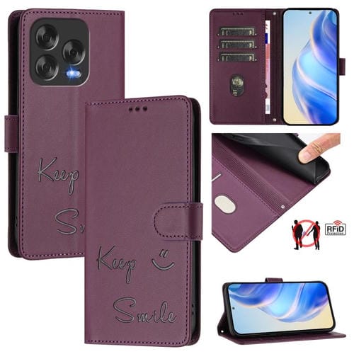 Funda de Cuero Rfid para ZTE Blade V70 con Diseño de Sonrisa en Relieve (Violeta)
