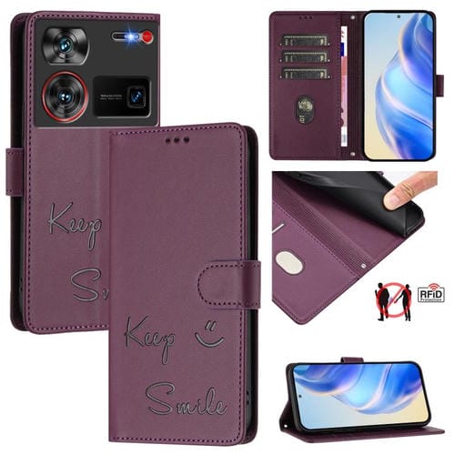 Funda de Cuero Rfid con Relieve Smile Embossing para ZTE Nubia Z60 Ultra (Violeta)