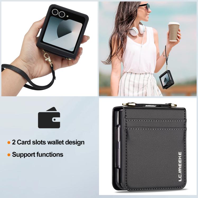 Funda de PU con textura fina esmerilada y cordón para Samsung Galaxy Z Flip7 5G LC.IMEEKE L1 Series (negra)