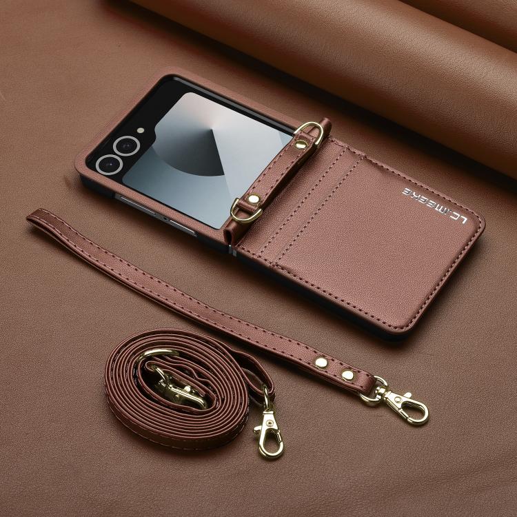 Funda de PU con textura fina esmerilada y cordón para Samsung Galaxy Z Flip7 5G LC.IMEEKE L1 Series (marrón)