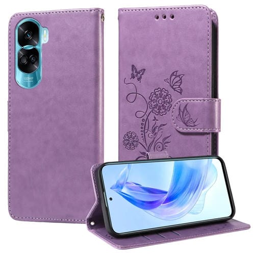 Funda de Cuero Honor X50I 5G y 90 Lite con Diseño Mariposas y Flores en Relieve (Morado)