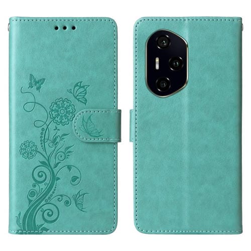 Funda de Cuero para Honor 300 Pro con Diseño de Mariposas y Flores en Relieve (Verde)