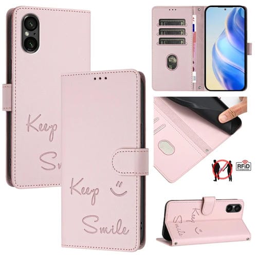 Funda de Cuero Rfid con Relieve Sonriente para Sony Xperia 5 Vi (Rosa)
