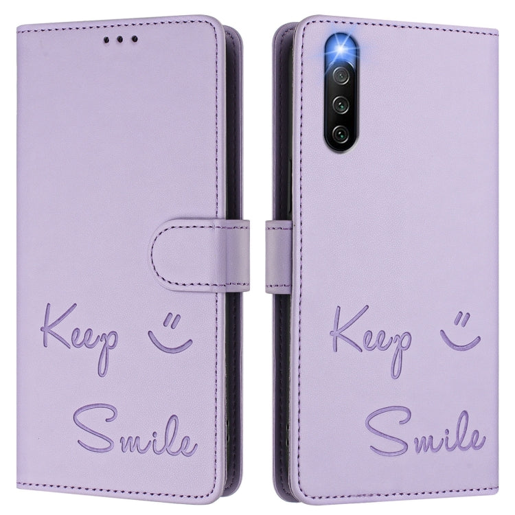 Funda de Cuero Rfid con Relieve Sonriente para Sony Xperia 10 Iv (Morado Claro)
