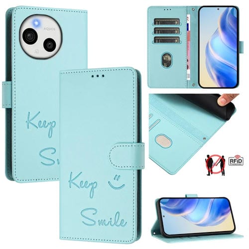 Funda de Cuero Rfid con Relieve Smile Embossing para Sharp Aquos Sense9 (Verde Menta)