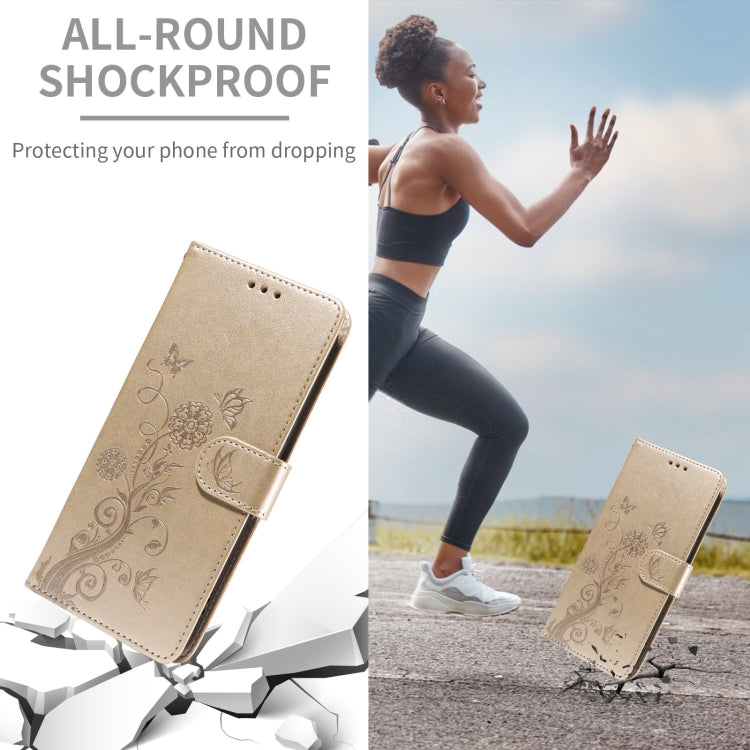 Funda de Cuero para Sony Xperia 5 V con Diseño de Mariposas y Flores en Relieve (Dorada)