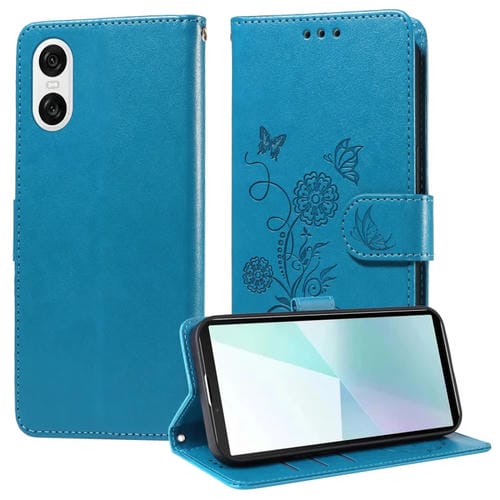 Funda de Cuero para Sony Xperia 10 Vi con Diseño de Mariposas y Flores en Relieve (Azul)
