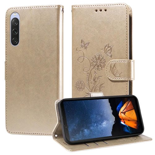 Funda de Cuero Sony Xperia 10 V con Diseño de Mariposas y Flores en Relieve (Dorada)