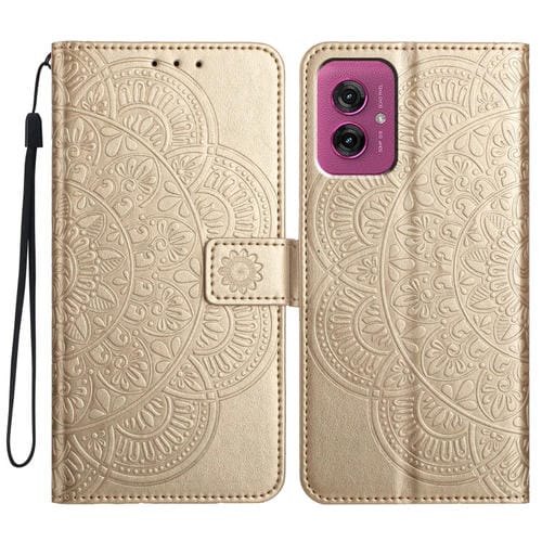 Funda de Cuero con Relieve Floral para Motorola Moto G55 (Dorada)