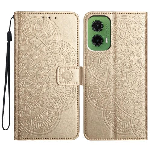 Funda de Cuero con Relieve Floral para Motorola Moto G35 (Dorada)