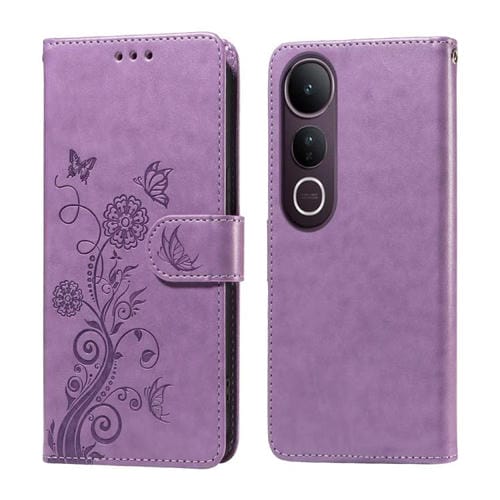 Funda de Cuero con Diseño de Mariposas y Flores En Relieve para Vivo V50 Lite 4G/5G (Morado)