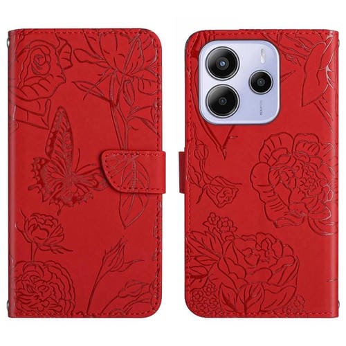 Funda de Cuero con Tapa y Diseño de Mariposa En Relieve para Redmi Note 14 4G (163,25mm) (Rojo)