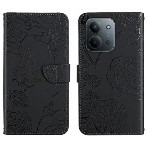 Funda de cuero con tapa y diseño de mariposas en relieve para Redmi 15C 4G (171,5 mm) / Poco C85 4G (negro)