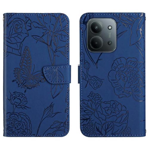Funda de cuero con tapa y diseño de mariposas en relieve para Redmi 15C 4G (171,5 mm) / Poco C85 4G (azul)