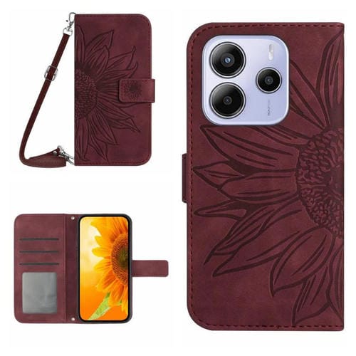 Funda de Piel con Tapa y Cordón para Redmi Note 14 4G (163,25mm), Diseño de Girasoles En Relieve (Rojo Vino)