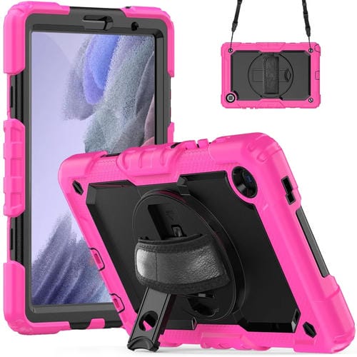 Funda híbrida de silicona para Tablet Samsung Galaxy Tab A7 Lite T220 con correa para el hombro (Negro + Rojo Rosa)
