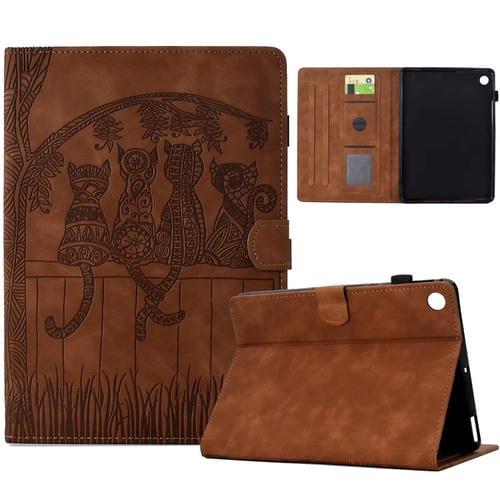Funda inteligente de cuero Samsung Galaxy Tab A9+ con relieve de gatos (Marrón)