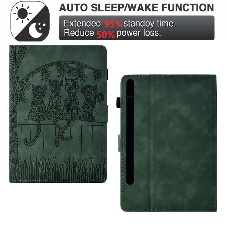 Funda de piel con relieve de gato para Samsung Galaxy Tab S10 FE+ (verde)